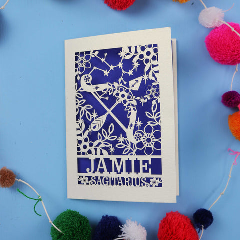 Personalised Sagittarius Papercut Birthday Card - A6 (small) / Infra Violet