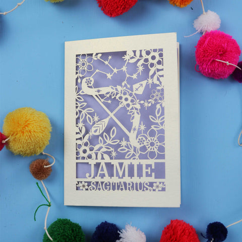 Personalised Sagittarius Papercut Birthday Card - A6 (small) / Lilac