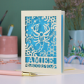 Scorpio birthday card with laser cut scorpion and constellation design, personalised with the name "Amiee" and text 'Scorpio' underneath