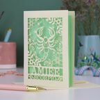 Scorpio birthday card with laser cut scorpion and constellation design, personalised with the name "Amiee" and text 'Scorpio' underneath