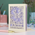 Scorpio birthday card with laser cut scorpion and constellation design, personalised with the name "Amiee" and text 'Scorpio' underneath