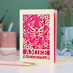 Scorpio birthday card with laser cut scorpion and constellation design, personalised with the name "Amiee" and text 'Scorpio' underneath