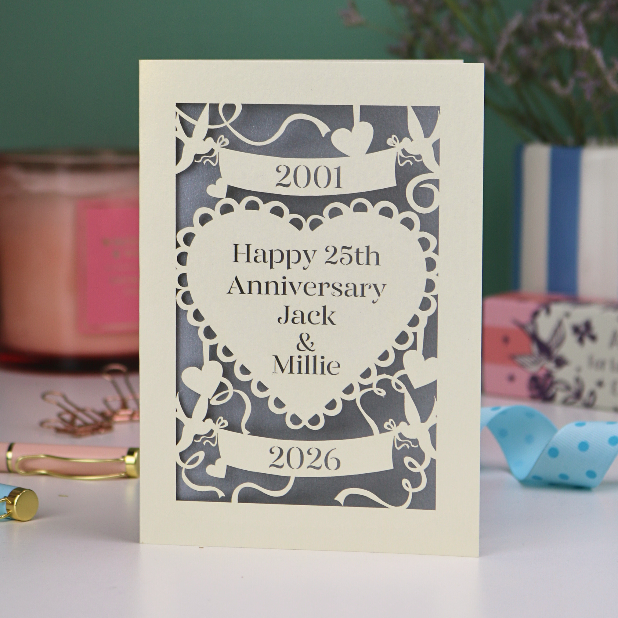 Personalised Papercut Silver Wedding Anniversary Card
