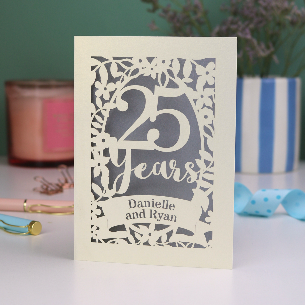 Silver anniversary Card with '25 Years' and 'Danielle and Ryan' on a decorative background