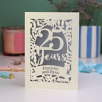 Silver anniversary Card with '25 Years' and 'Danielle and Ryan' on a decorative background