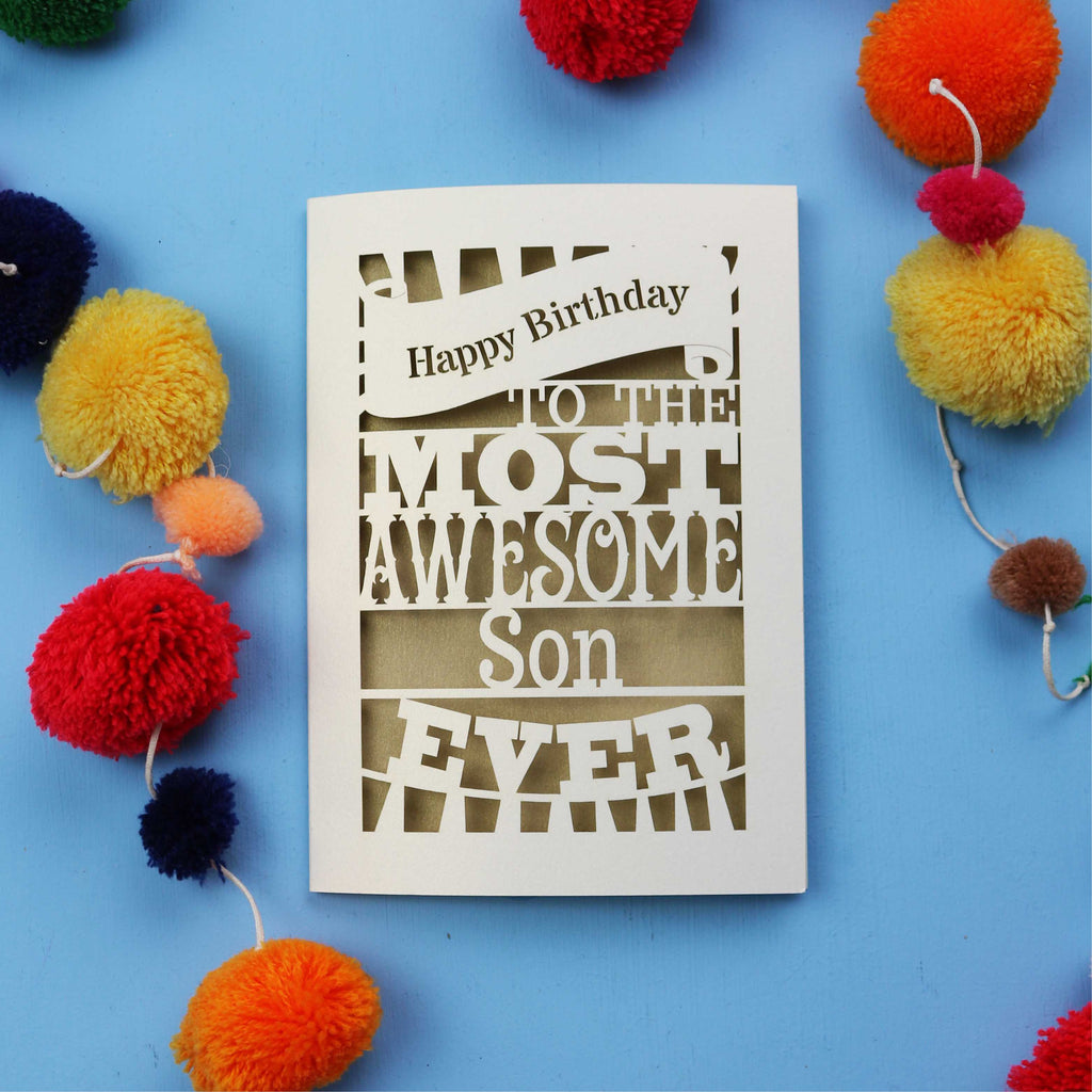 Son Birthday Cards with 'Happy Birthday to the most awesome son ever' text on a blue background with colourful pom-poms.