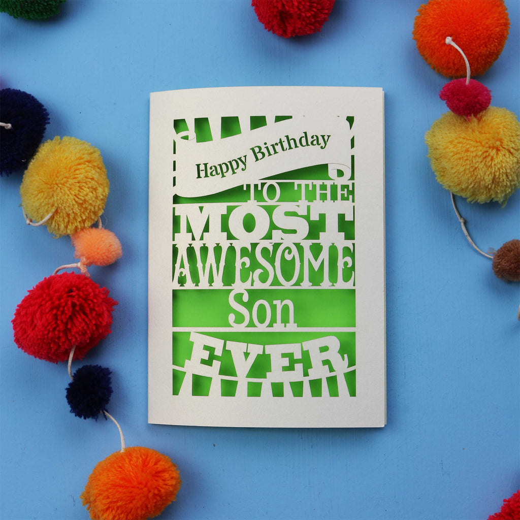 Birthday Cards for son with 'Happy Birthday to the most awesome son ever' text on a blue background with colourful pom-poms.