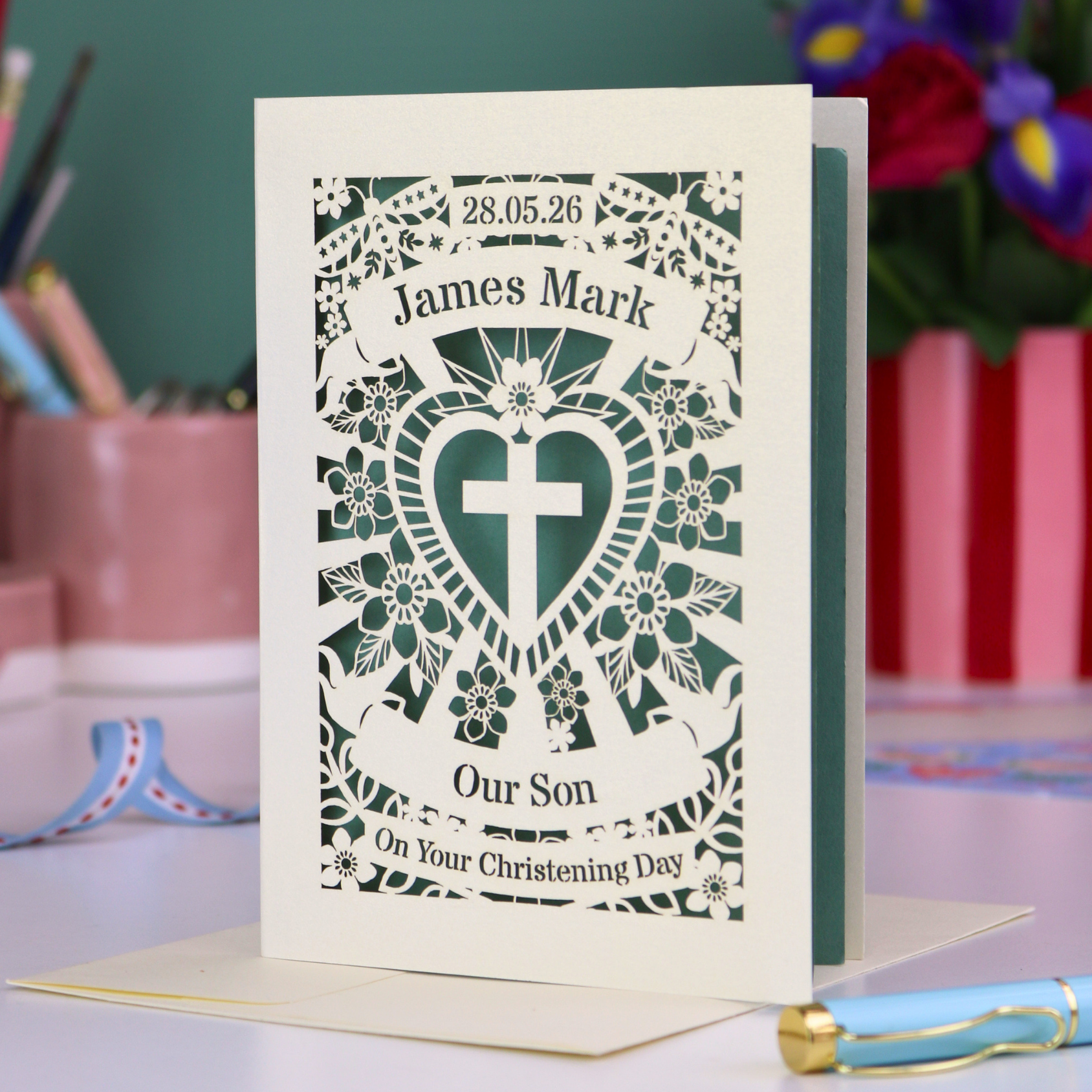 Personalised laser cut Christening card for son with cross design, date, name and "Our Son on your christening day"