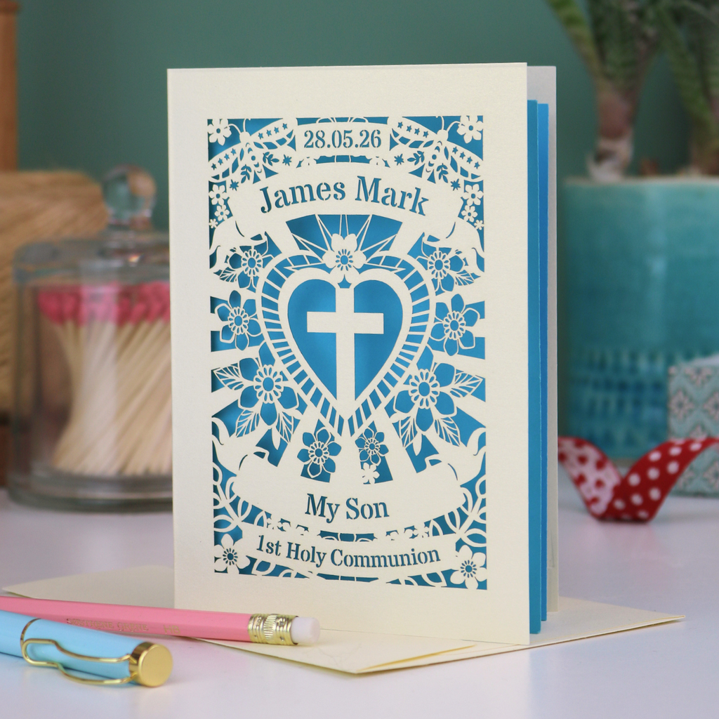 A laser cut son 1st Holy communion card, personalised with the date and name, and with the text "My Son" "1st Holy Communion"