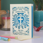 A laser cut son 1st Holy communion card, personalised with the date and name, and with the text "My Son" "1st Holy Communion"