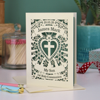 A laser cut son 1st Holy communion card, personalised with the date and name, and with the text "My Son" "1st Holy Communion"