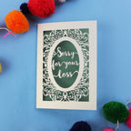 Luxury Sympathy Card with 'Sorry for your loss' text laser cut from cream card with a sage paper backing, on a blue background.