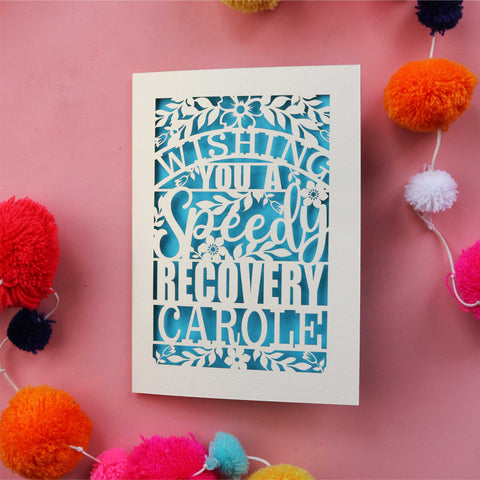 Laser cut and personalised get well soon cards from UK - A6 / Peacock Blue