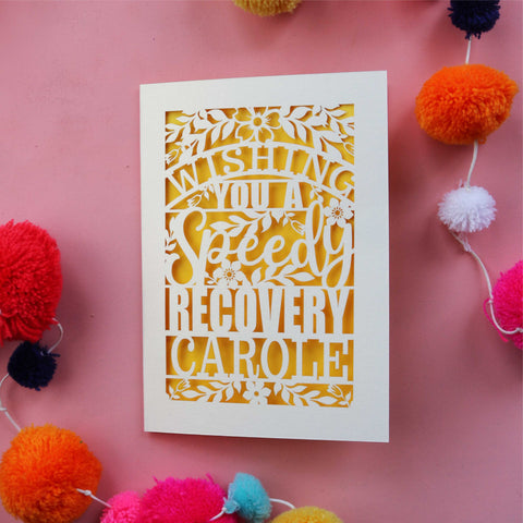 A laser cut recovery get well soon card, personalised, hand finished and made in UK - A6 / Sunshine Yellow