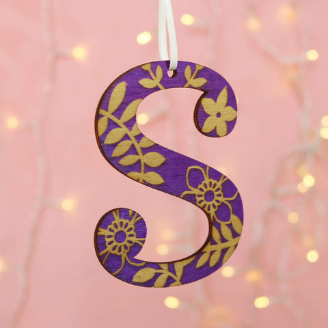 Floral Purple Painted Engraved Initial Decoration - S
