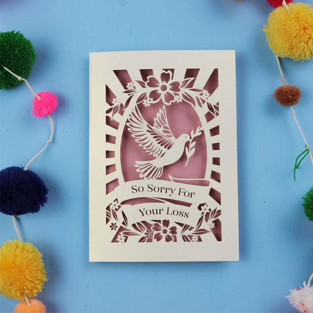 Sympathy Card with 'So Sorry For Your Loss' text and dove design on a blue background.