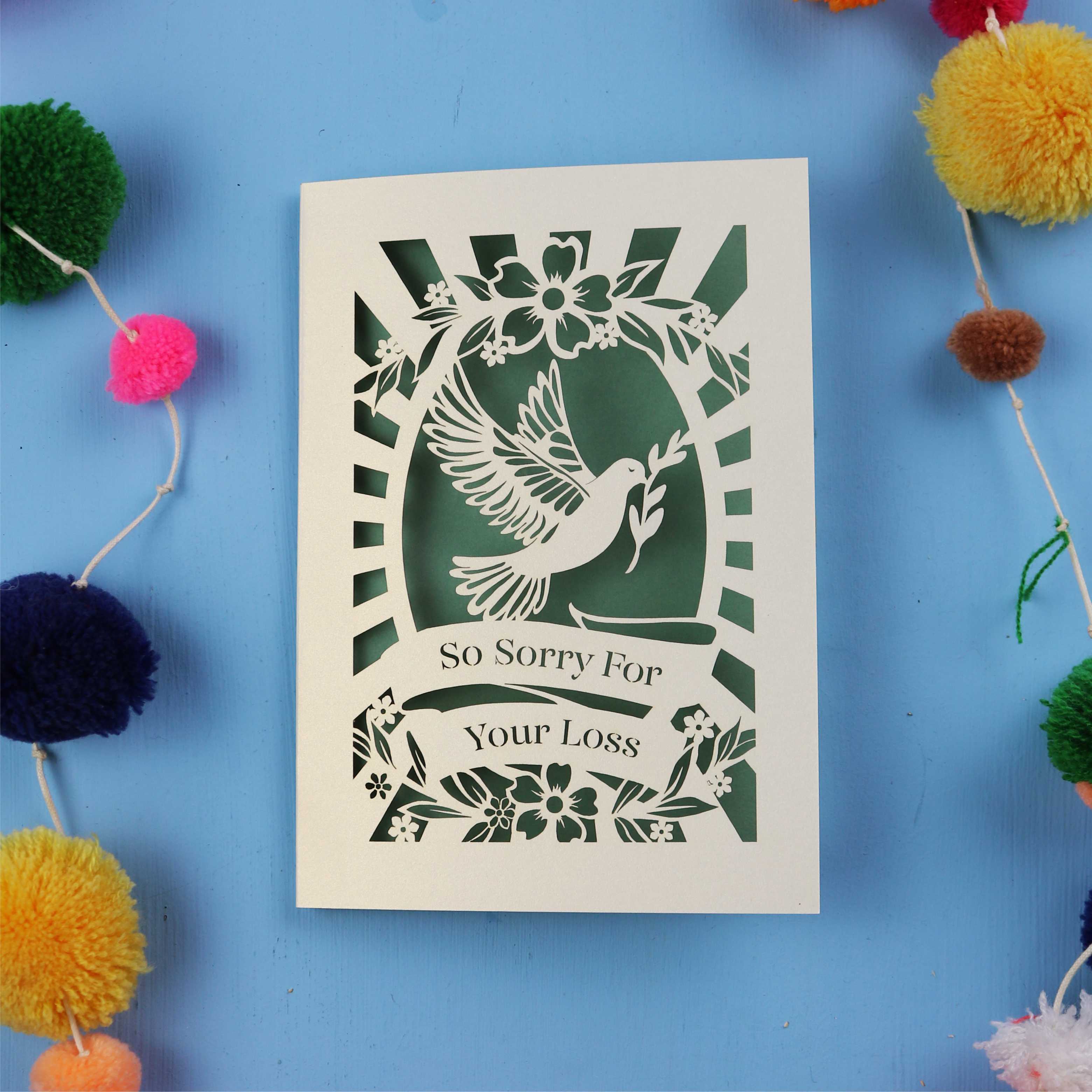 Thoughtful Sympathy Card with 'So Sorry For Your Loss' text and dove design on a blue background.