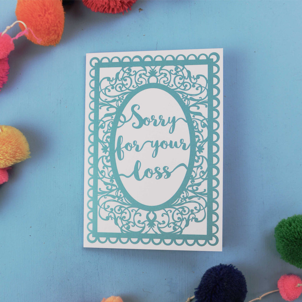 Sympathy Card with 'Sorry for your loss' text on a blue background.