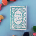 Sympathy Card with 'Sorry for your loss' text on a blue background.