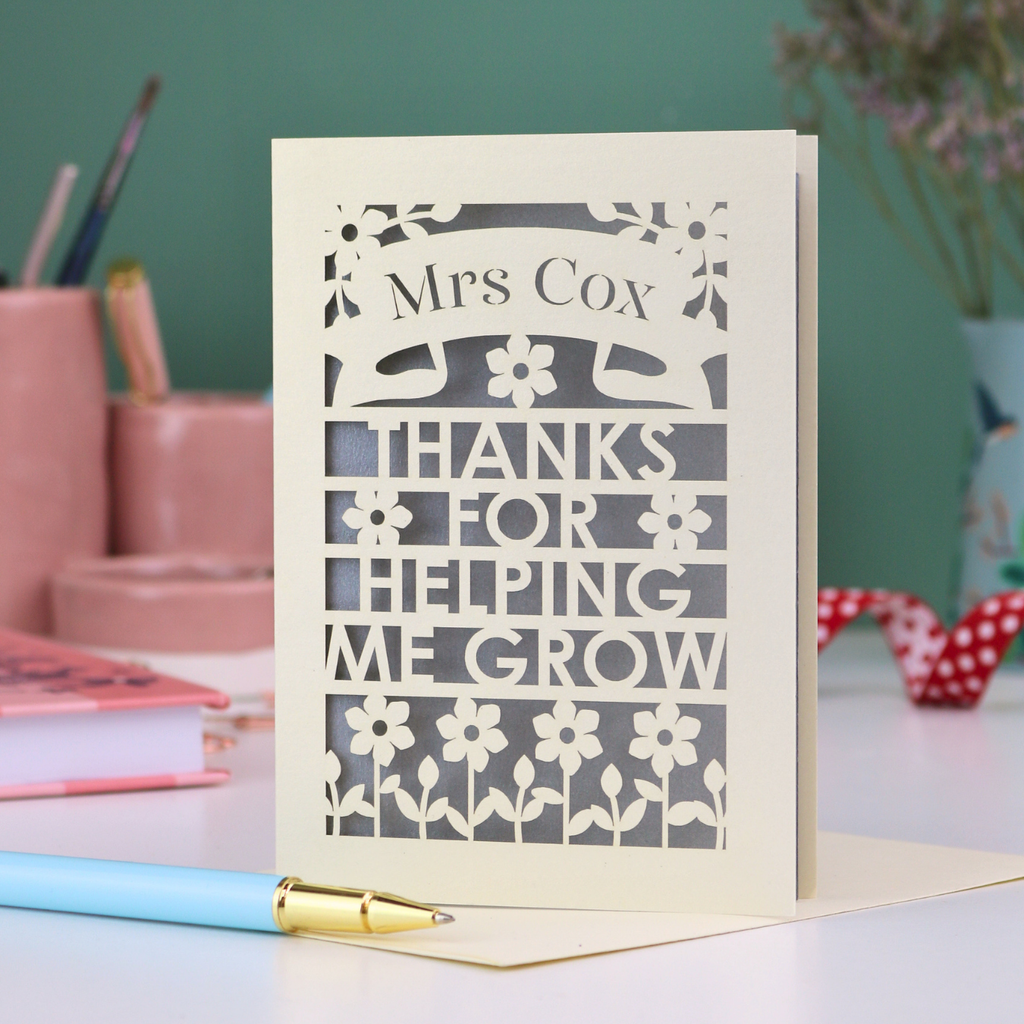 A special thank you teacher card with personalised text "Mrs Cox, Thanks for Helping me Grow"
