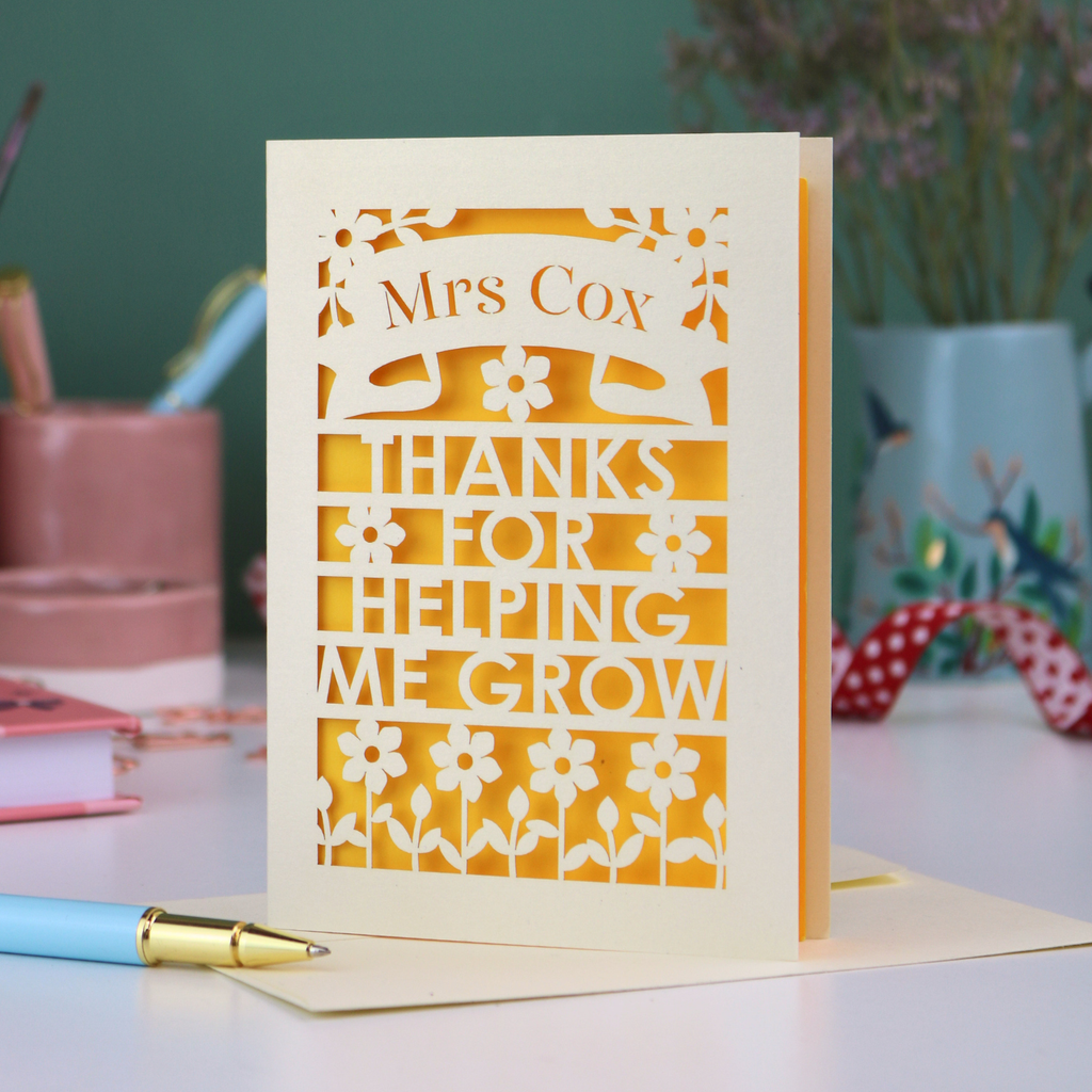 A special thank you teacher card with personalised text "Mrs Cox, Thanks for Helping me Grow"