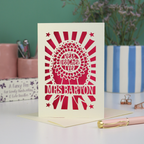 A laser cut thank you teacher card with rosette design and the words "Best teacher ever" in the centre of the rosette, personalised with the teacher's name underneath. Card is cream with a bright pink paper insert