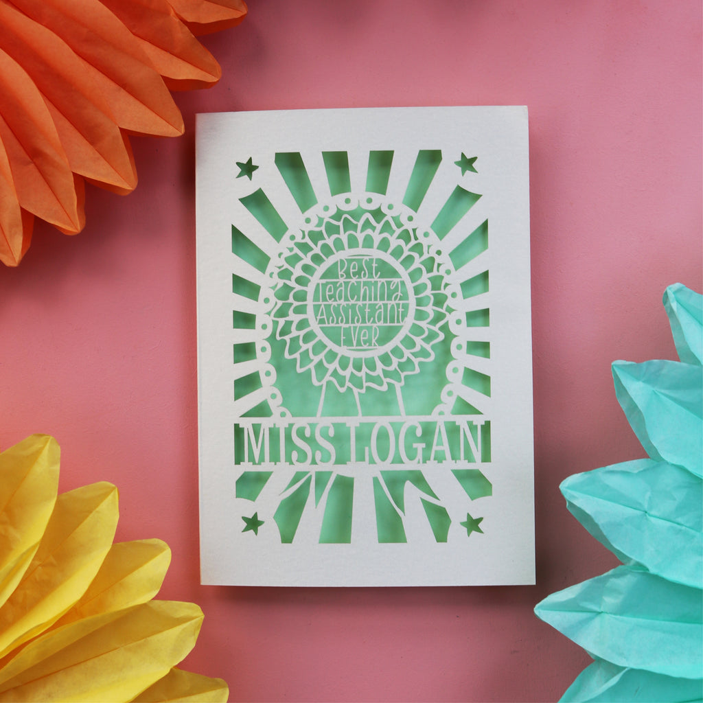 A teaching assistant card made in the UK and personalised with their name