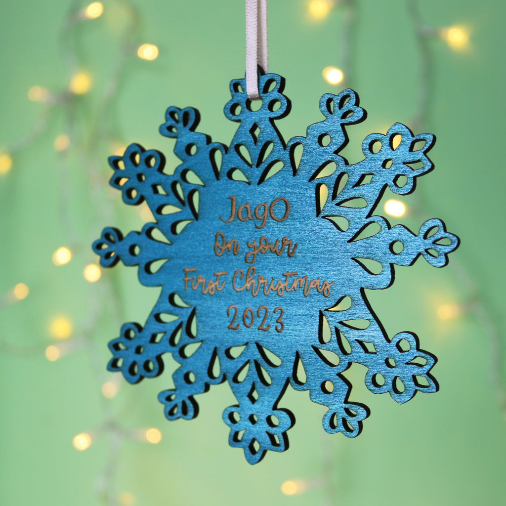 Personalised Teal Snowflake First Christmas Decoration