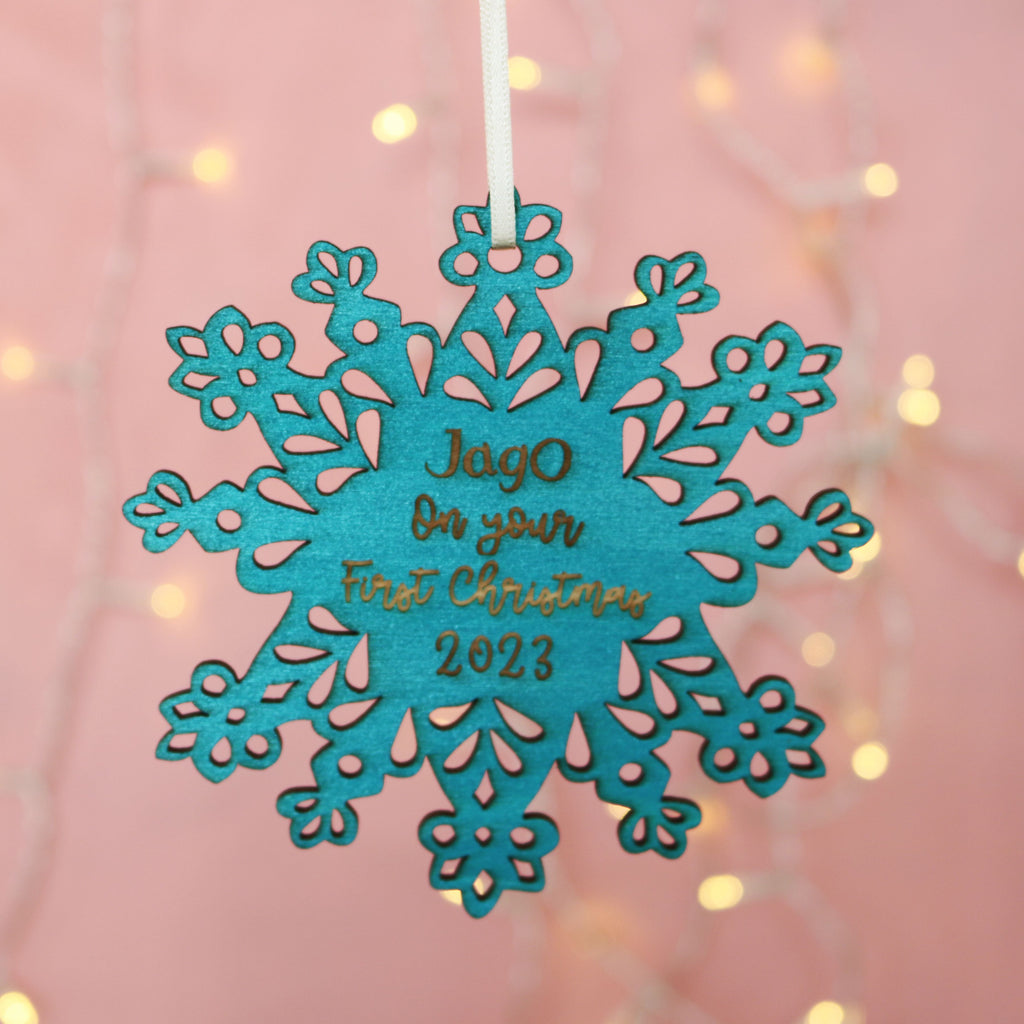 Personalised Teal Snowflake First Christmas Decoration