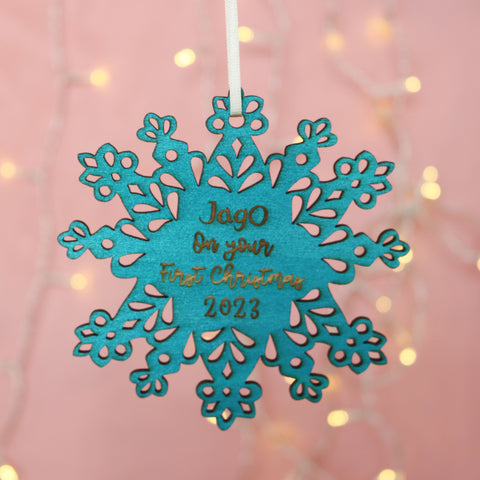 Personalised Teal Snowflake First Christmas Decoration