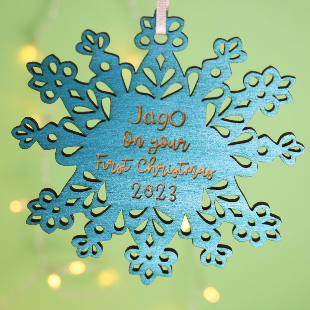 Personalised Teal Snowflake First Christmas Decoration