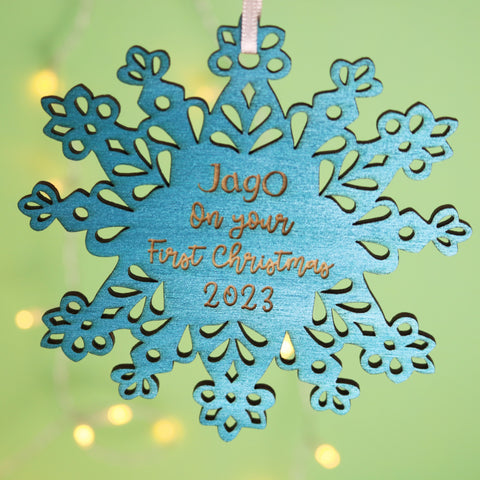 Personalised Teal Snowflake First Christmas Decoration - 