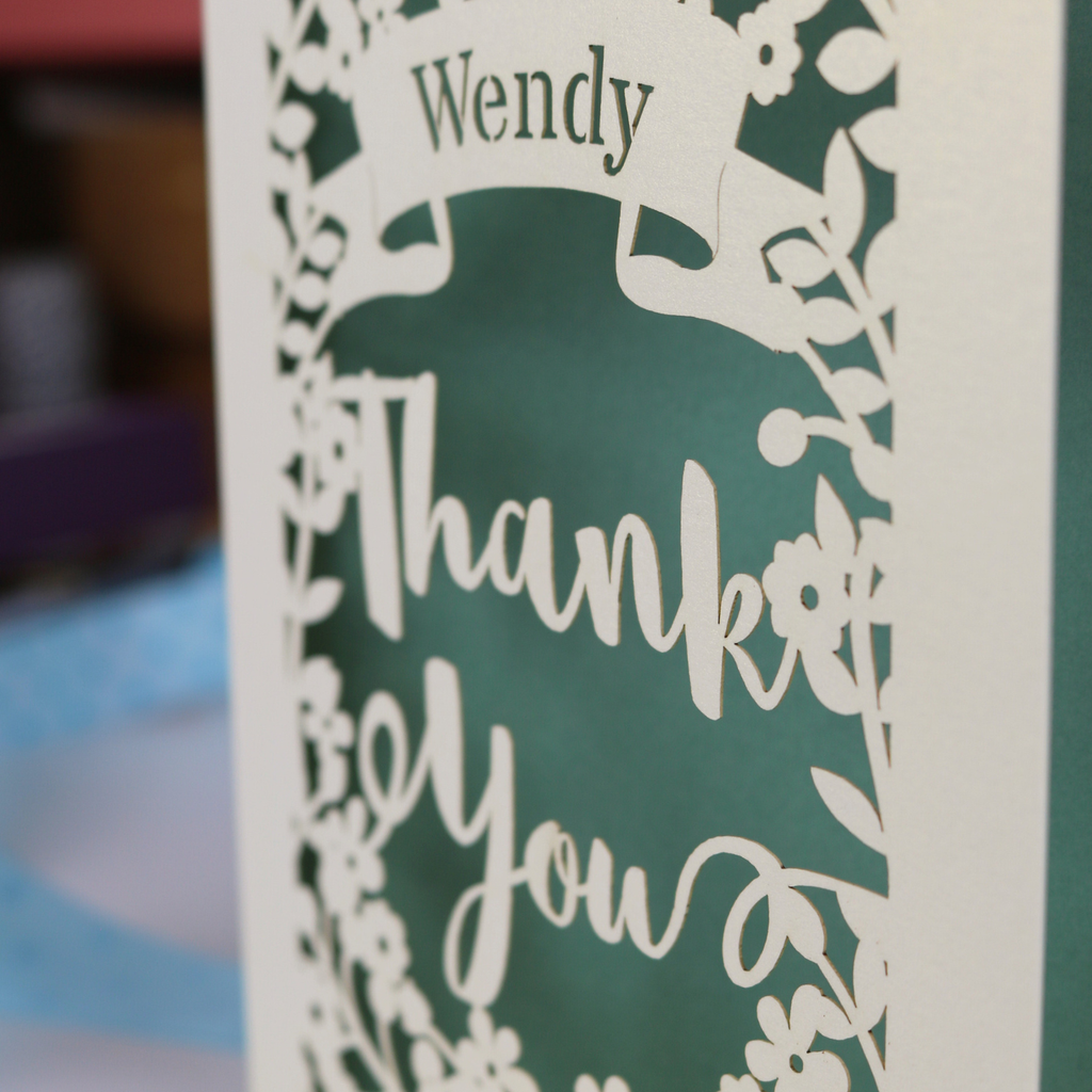 Card with 'Wendy Thank You' text on a green background
