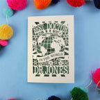 Personalised thanks Dr card with 'Best Doctor in the World' text on a blue background with colourful pom-poms.