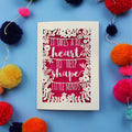 Thank you teacher card with motivational quote surrounded by colourful pom-poms on a blue background