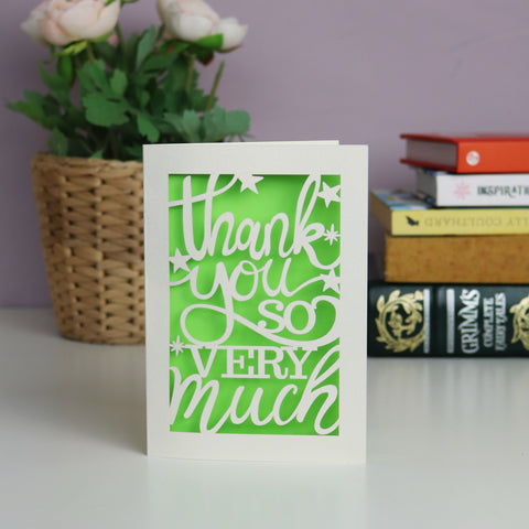 Papercut card with "thank you so very much" and a few stars. Laser cut from cream card with a  bright green background. - A5 (large) / Bright Green