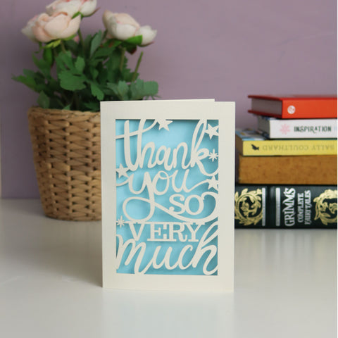 Thank you so very much papercut from cream card and shown with a pale blue background. - A5 (large) / Light Blue