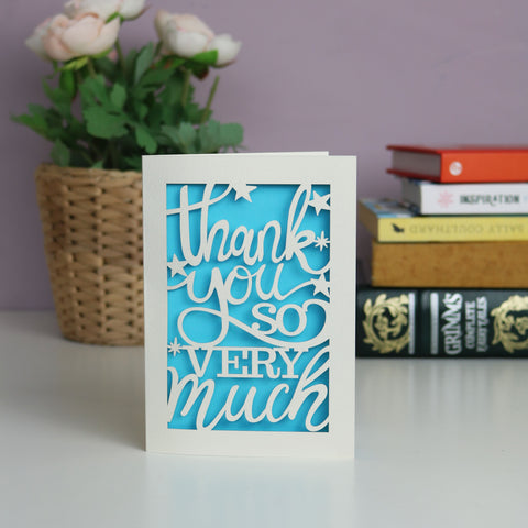 Lasercut "Thank you so very much" card. cut from cream card with a blue insert paper. - A5 (large) / Peacock Blue