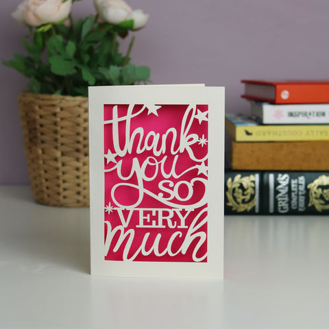 Papercut "Thank you so very much"  card with stars. Shocking pink background and cream card. - A5 (large) / Shocking Pink