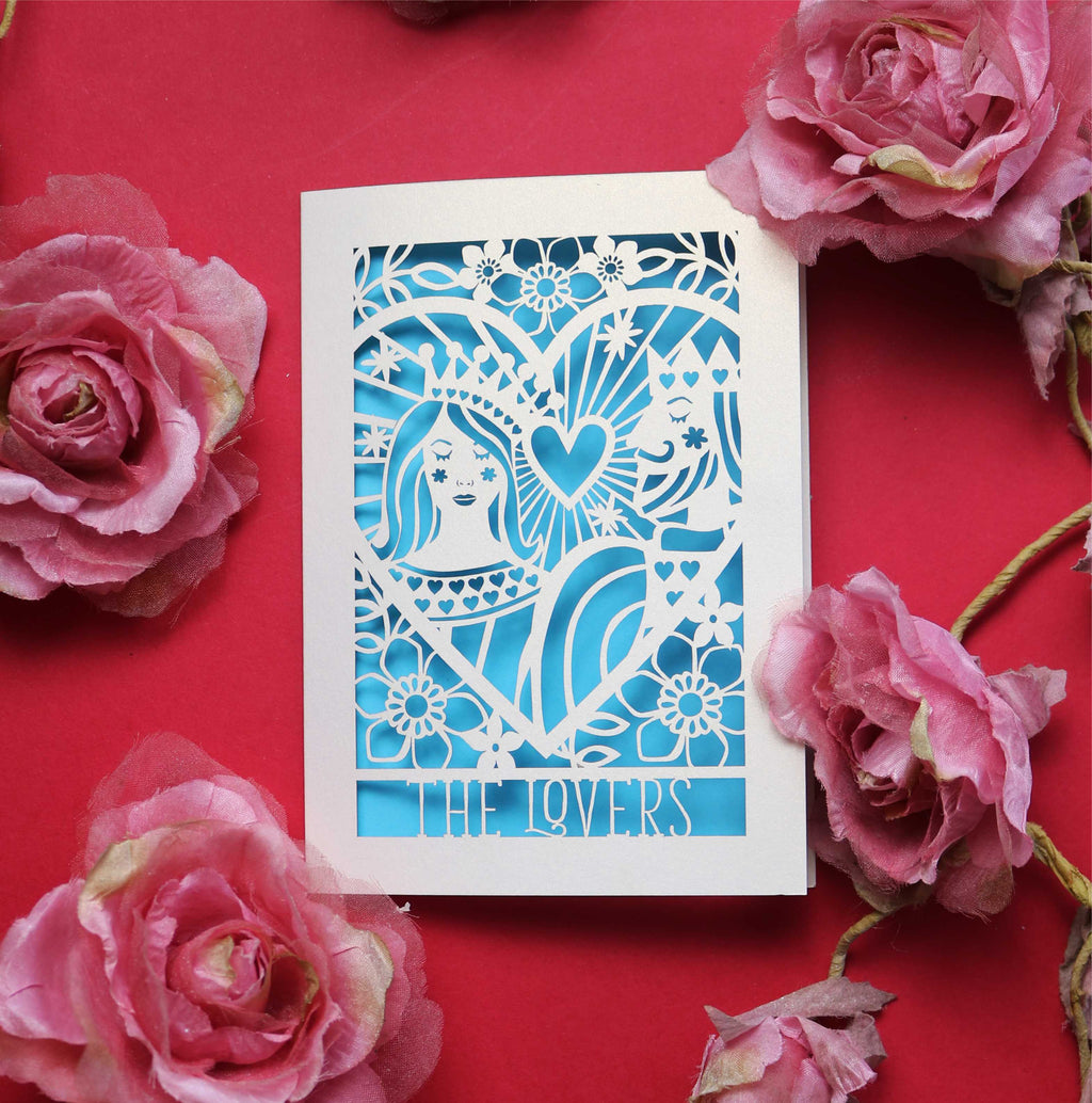 A beautiful anniversary  card featuring an illustration inspired by the lovers tarot card