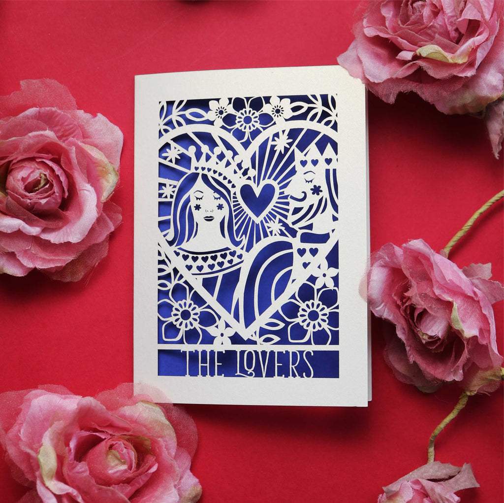 A unique card for couples featuring an illustration inspired by the lovers tarot card