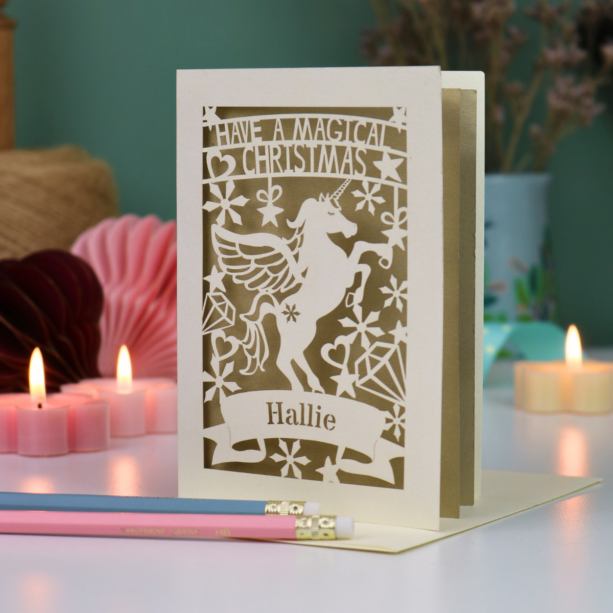 Personalised Papercut Unicorn Christmas Card
