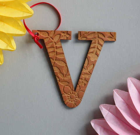 Assorted Letter V Wooden Engraved Hanging Decorations - 3mm copper floral