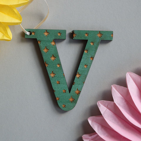 Assorted Letter V Wooden Engraved Hanging Decorations - 6mm green stars