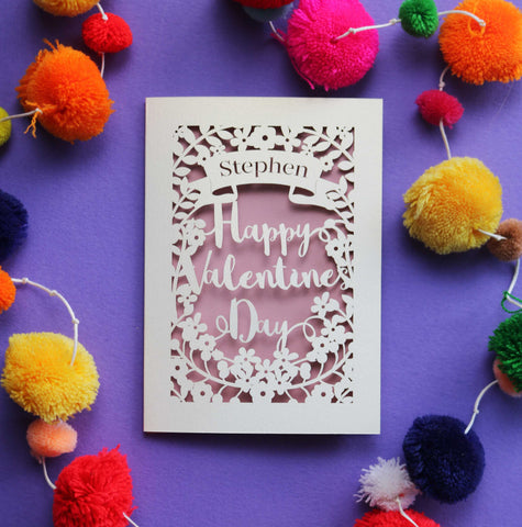 A cut out card for Valentine's day, personalised with a name, with the words "Happy Valentine's Day" in a script font - A6 (small) / Dusky Pink