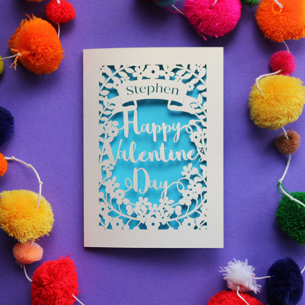 A laser cut Valentines card, personalised with a name