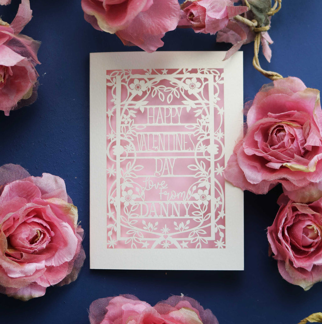 A laser cut Valentine's card, personalised with the sender's name