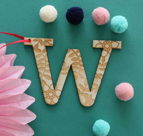 Assorted Letter W Wooden Engraved Hanging Decorations - 3mm natural sheen floral