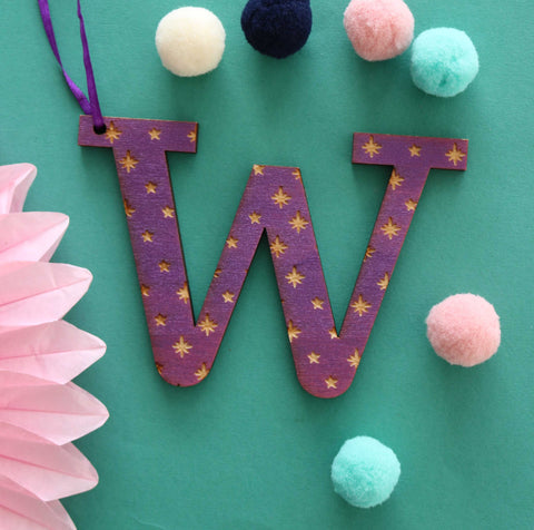 Assorted Letter W Wooden Engraved Hanging Decorations - 6mm purple stars