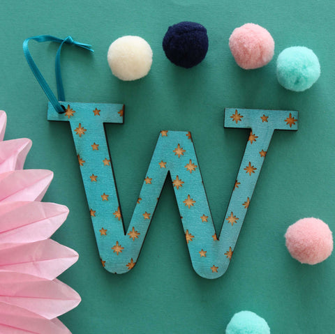Assorted Letter W Wooden Engraved Hanging Decorations - 6mm teal stars